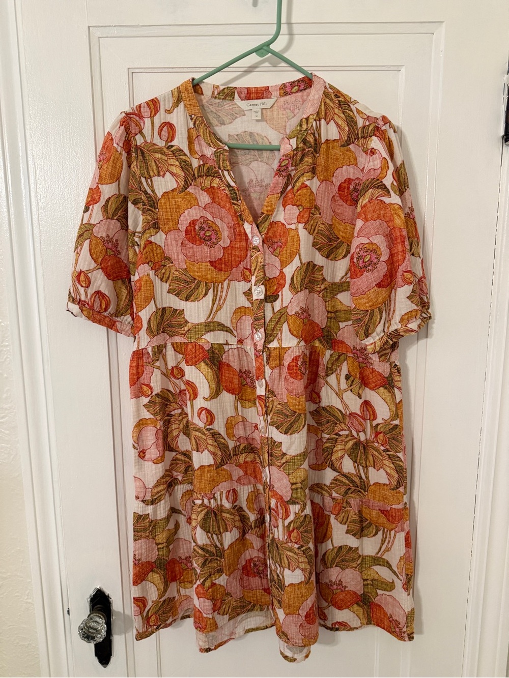 Garnet Hill Floral Button-Front Mini Dress in Pink & Mustard